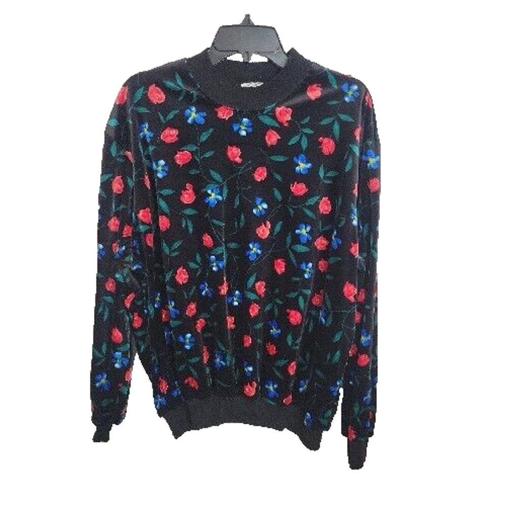 BonWorth Black Floral Print Knit Long Sleeve Pullover Sweater Women's 52" chest